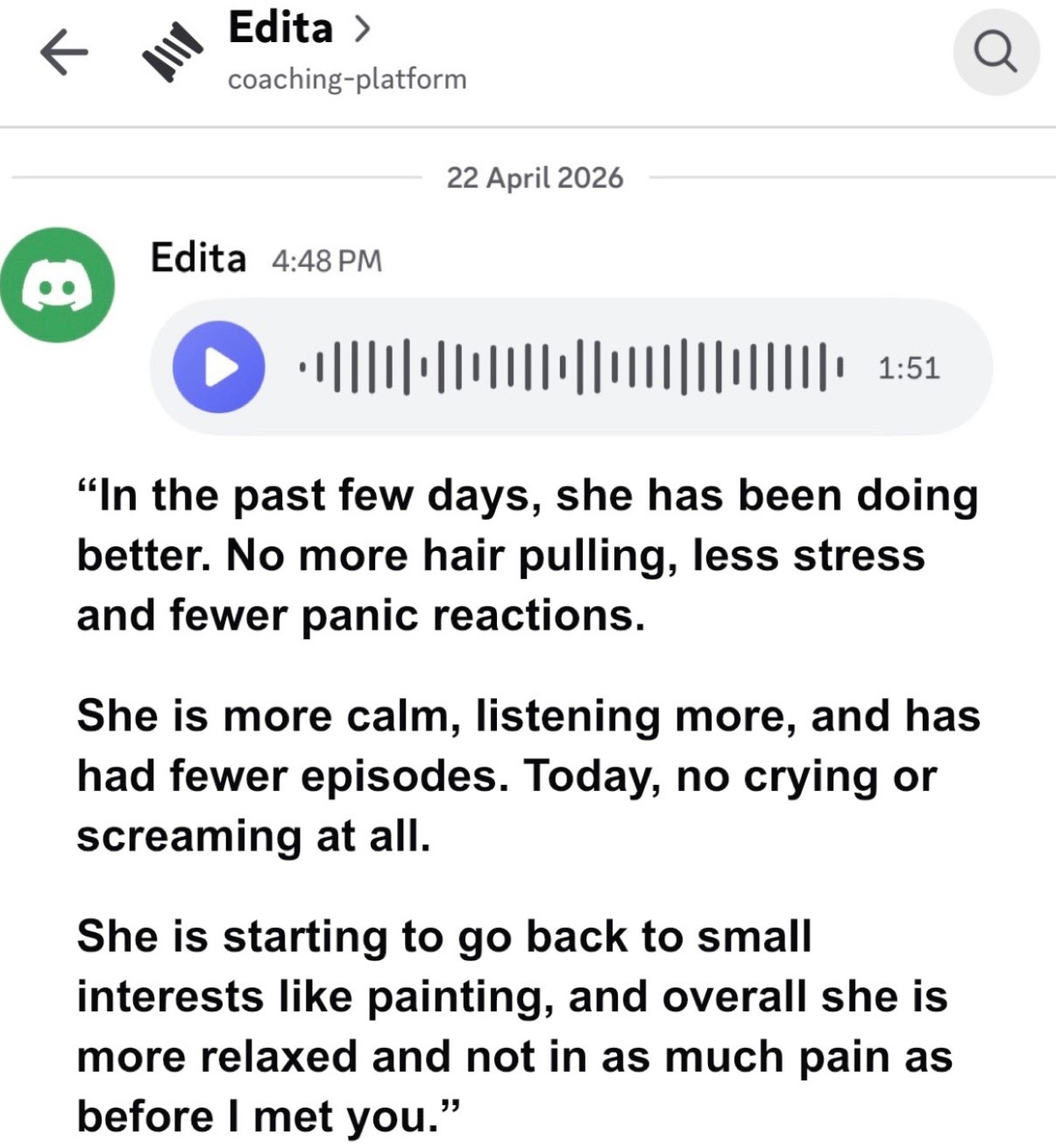 Edita on April 22nd: no more hair pulling, no crying or screaming