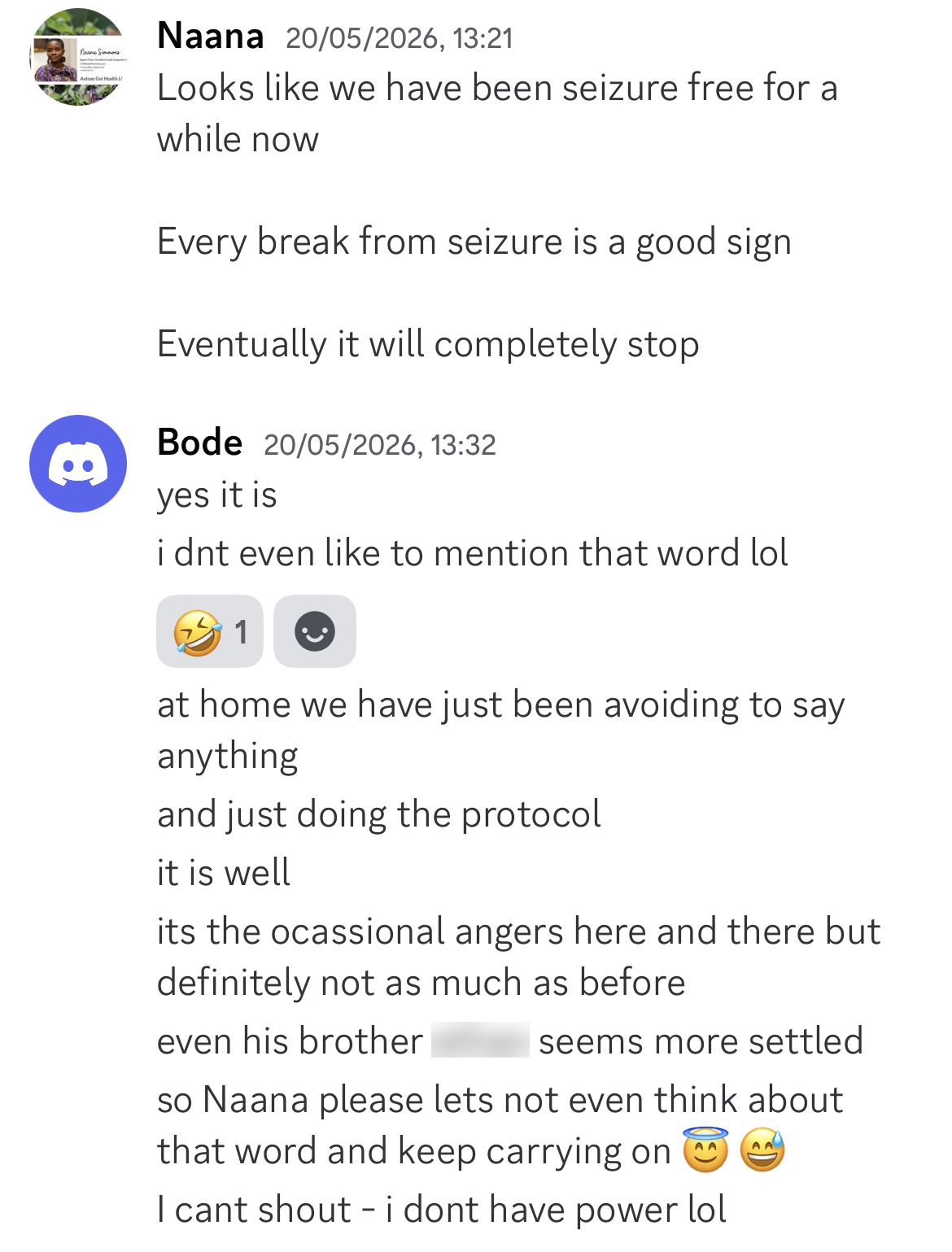 Naana's message: seizure-free for a while now